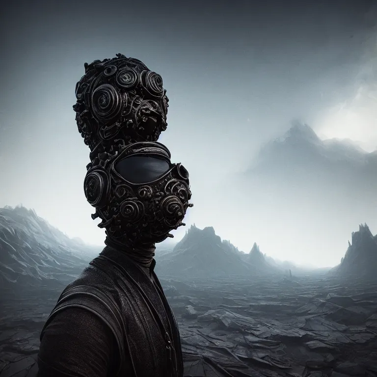 Image similar to portrait of beautiful man wearing black ribbed scorpio as mask, wastelands on exoplanet, baroque painting, beautiful intricate insanely detailed octane render, artstation, 8 k artistic harsh flash photography, photorealistic, volumetric perfect light, chiaroscuro, beeple, annie liebovitz, raphael, caravaggio, rutkowski