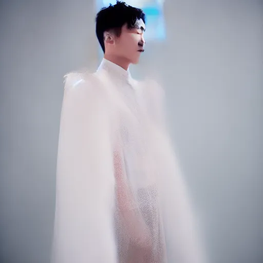 Image similar to a beautiful young korean male wearing a translucid lace wedding gown designed by alexander mcqueen, photographed by andrew thomas huang for a fashion editorial