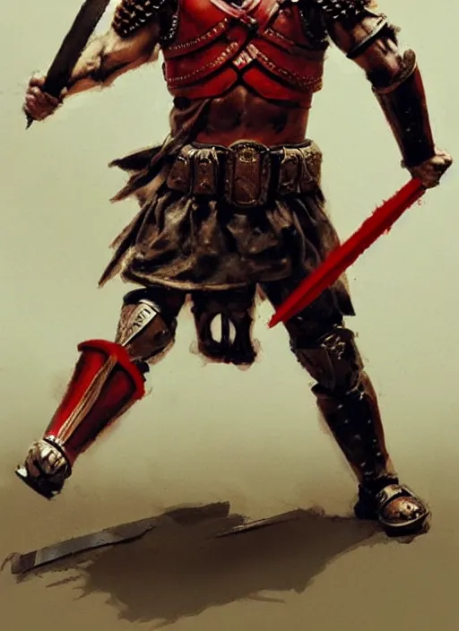 Image similar to muscular roman soldier with sword by simon bisley and greg rutkowski, full body red plate armor! dynamic battle pose, vivid color scheme