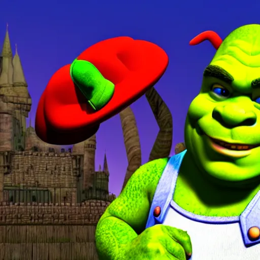 Prompt: shrek wearing mario hat, 8 k