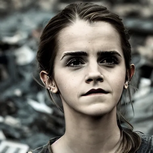 Image similar to concerned and tired emma watson in shredded and destroyed dirty clothes rags, in the ruins of civilization after the apocalypse, hd photo, high detail, shallow depth of field