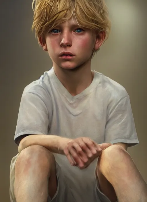 Image similar to ( ( ( ( ( hyperrealist cg of blonde boy thief ) ) ) ) ) by daniel f. gerhartz and matt stewart, fantasy, photorealistic, octane render, unreal engine, dynamic lighting, perfect factions, very detailed faces, trending on artstation, poster, volumetric lighting, 4 k, award winning