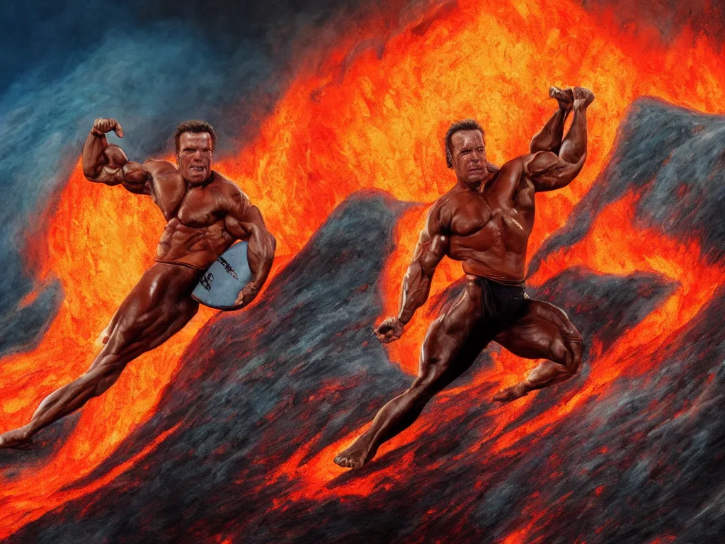 Prompt: arnold schwarzenegger surfing on lava, muscular, erupting volcano, stunning scene, 8 k, extremely detailed digital painting, depth, bright colors, trending on artstation