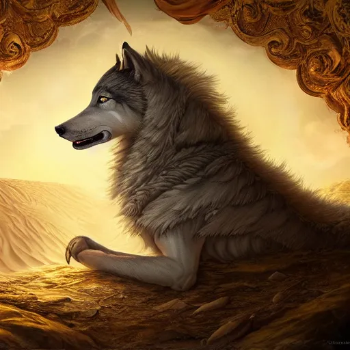 Image similar to A epic and beautiful rococo painting of a young arabian boy half wolf covered in yellow cloth surrounded by wolves of ashes, standing before a desert of ashes. ultra-detailed. Anime, pixiv, UHD 8K CryEngine, octane render