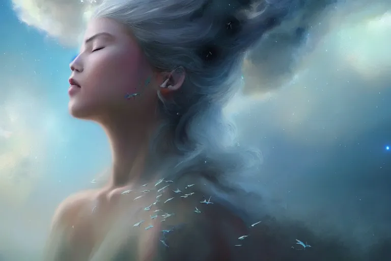 Prompt: a beautiful portrait of a cloud goddess with numerous tiny birds flying in the background and closed eyes, galaxy theme colors, galaxy theme colors, ultra realistic digital art by Greg Rutkowski and Raymond Swanland, Trending on Artstation, ultra realistic digital art, ultra realistic digital art