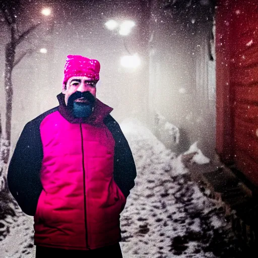 Image similar to Professional portrait of Saddam Hussein wearing a puffy pink jacket and a bucket hat in a snowy city street at night, 8k, dslr, cinematic,