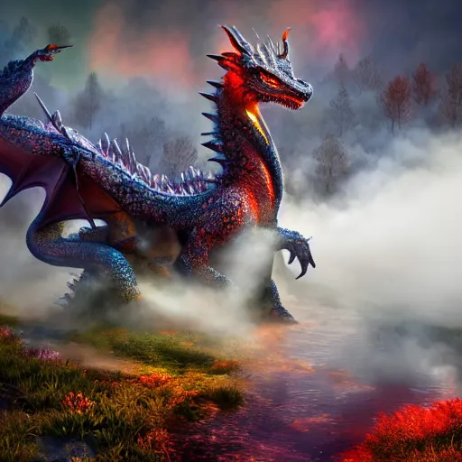 Image similar to highly detailed photograph of a dragon in a steaming colorful hotspring with woodland forest backdrop, featured on artstation