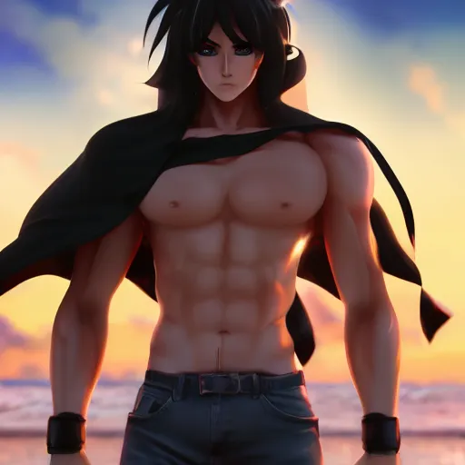 Image similar to Handsome Anime man on the beach, cinematic lightning, medium shot, mid-shot, highly detailed, trending on artstation, Unreal Engine 4k,