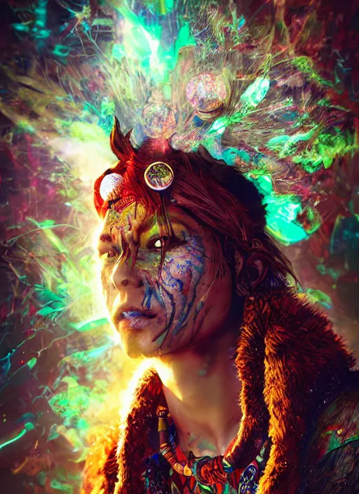 Image similar to An epic fantasy comic book style portrait painting of a wild shaman tripping on Ayahuasca, Shipibo patterns made of lasers, fisheye lens, unreal 5, DAZ, hyperrealistic, octane render, cosplay, RPG portrait, dynamic lighting