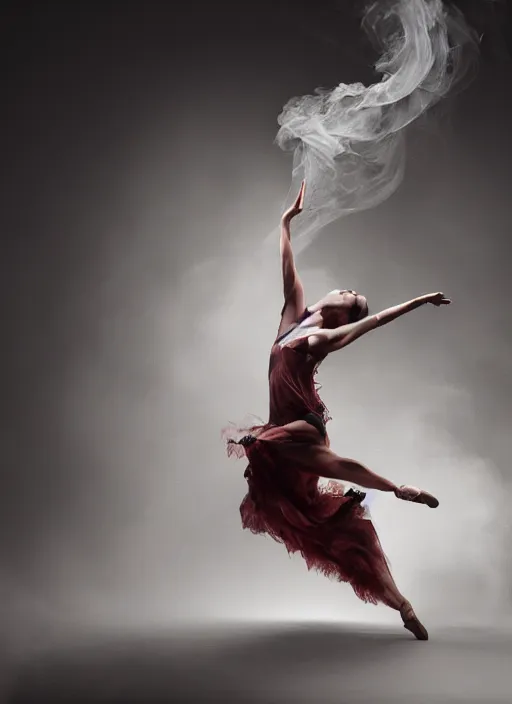 Image similar to a Photorealistic dramatic hyperrealistic render of a glamorous beautiful Female smoke dancer by Ken Brower and Deborah Ory of NYC Dance project,Lois Greenfield,Flowing cloth and smoke,Beautiful dynamic dramatic dark moody lighting,volumetric,shadows,cinematic atmosphere,Octane render,8K