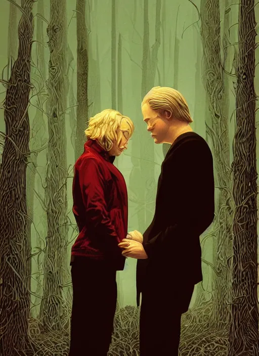 Image similar to poster artwork by Michael Whelan and Tomer Hanuka, Karol Bak of Naomi Watts & Philip Seymour Hoffman falling in love, from scene from Twin Peaks, clean, simple illustration, nostalgic, domestic, full of details