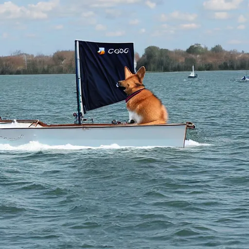 Image similar to corgi captain sailing a boat regatta