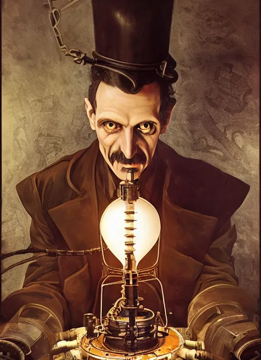 Prompt: steampunk portrait of nikola tesla as a mad scientist working on a giant robot from bioshock, au naturel, hyper detailed, digital art, trending in artstation, cinematic lighting, studio quality, smooth render, unreal engine 5 rendered, octane rendered, art style by klimt and nixeu and ian sprigger and wlop and krenz cushart