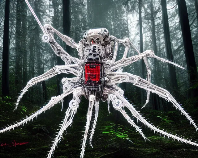 Image similar to photo of a giant huge white crystal terminator spider with heavy duty biomechanical hydraulic cybernetic body with antennas and visor cogs and gears and components in the forest. cyberpunk horror style. highly detailed 8 k. intricate. nikon d 8 5 0 5 5 mm. award winning photography.