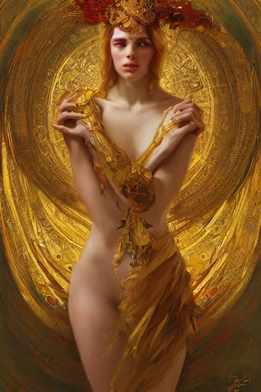 Image similar to an intricate artistic pose painting of a beautiful young goddess with an artistic sensual pose with klimt golden motives and textures, hyper detailed, ornamental gold headpiece, octane render, vivid colors, artstation, by jeremy mann, by alphonse mucha, by boris vallejo