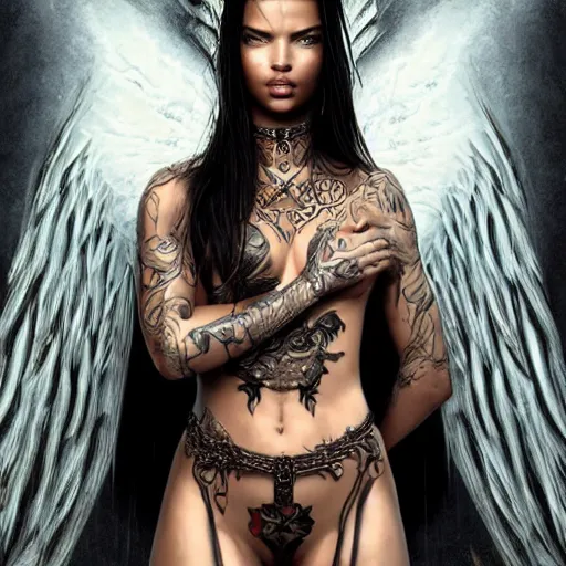 Image similar to photorealistic beautiful Adriana Lima whole body heavily covered in elfish tattoos as a warrior angel , extremely detailed face, hair, skin and hands, intricate tattoos, digital art, wallhaven.cc wallpaper!, concept art, smooth, sharp focus, high fantasy illustration, art by Artgerm, Alina Ivanchenko and Rob Ross