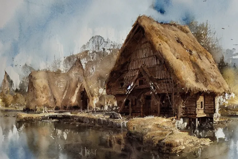 Image similar to abstract watercolor painting of hedonic scandinavian king house, in stone, straw roof, war lord, magical and traditional, reflective river, crisp daylight, midday, cinematic light, national romanticism by anders zorn, by greg rutkowski, by greg manchess