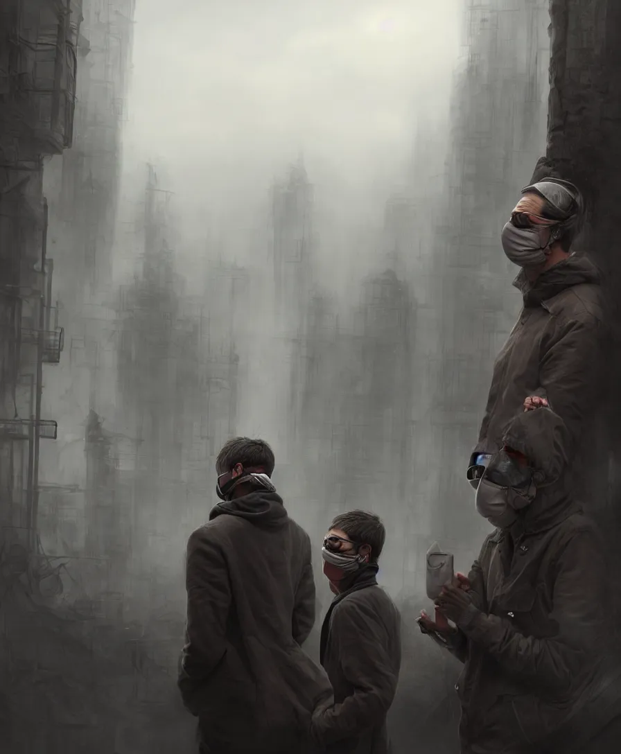 Prompt: a man suffering due to high air pollution in future, concept art, digital painting, people are wearing masks, wide angle shot, in the style of greg rutwoski, very hyper realistic, highly detailed, fantasy art station