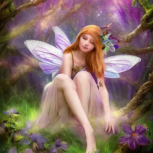 Image similar to the most beautiful fairy sitting on a flower in an amazing peaceful forest, fantasy artwork, detailed, sharp