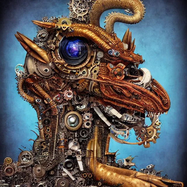 Prompt: profile portrait of a dragon, computer parts, mechanical parts, by giuseppe arcimboldo, steampunk, cyberpunk, futuristic, psychedelic, surreal, sci - fi, vaporwave, alien, dreamlike.