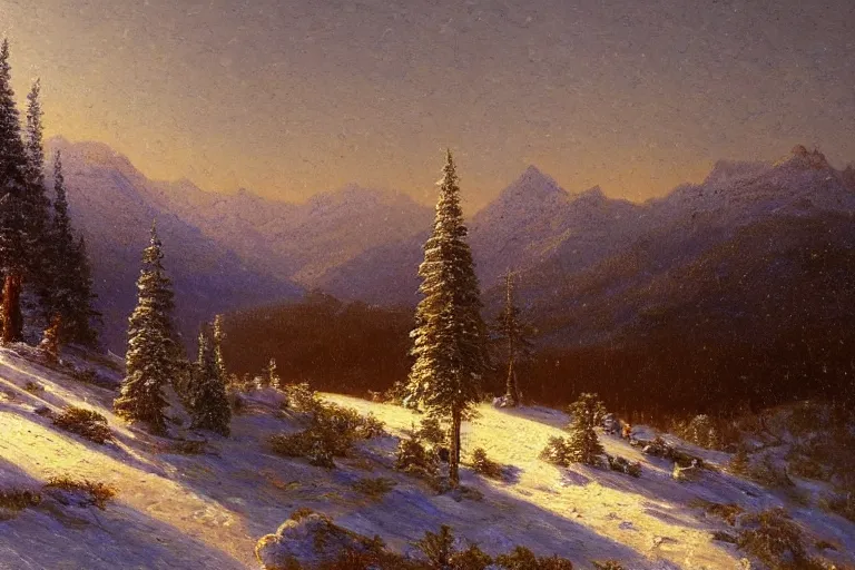Image similar to mountains, trees, beautiful nature, winter, night, stars, snow, very detailed, focused, oil painting, colorful, canvas, artstation, Sydney Mortimer Laurence, Albert Bierstadt