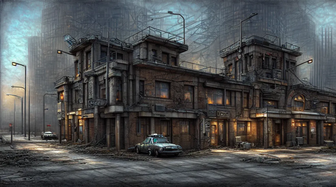 Prompt: Post Apocalyptic police station, building, avenue, urban architecture, americana architecture, concrete architecture, paved roads, by h.r. giger, by Thomas Kinkade trending on artstation, Photorealistic