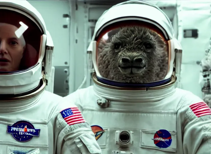 Prompt: film still of anthropomorphic anthropomorphic lama as astronaut in interstellar, 4 k