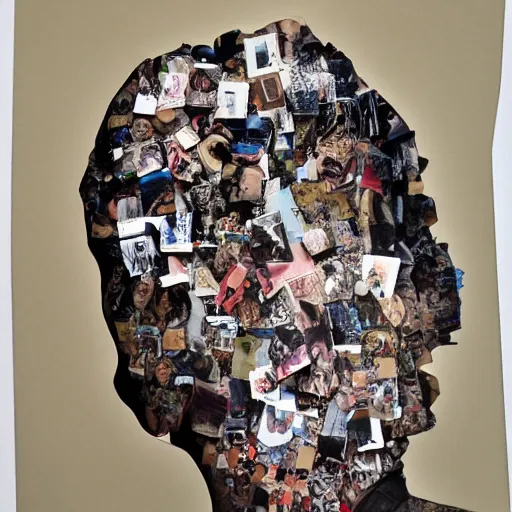 Image similar to a chaotic collage made out of fragments of printed images taken from the internet, fashion magazines, and family photographs all coming together to form hybrid faces with twisted features in the Dadaesque style, mixed media