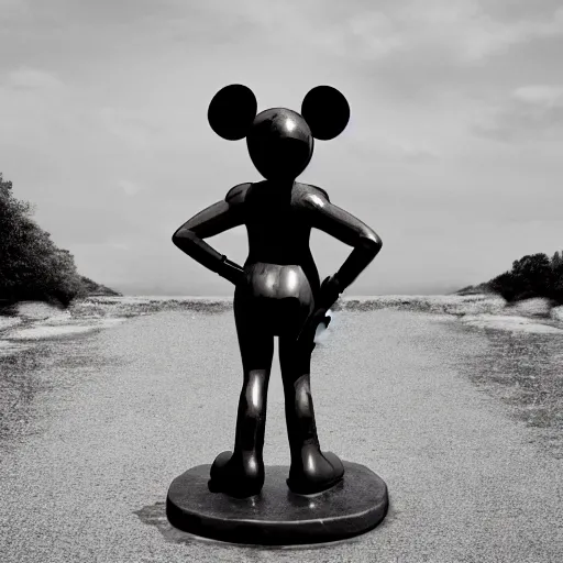 Image similar to Statue of a humanoid Mickey Mouse, photorealistic, film still, desolate