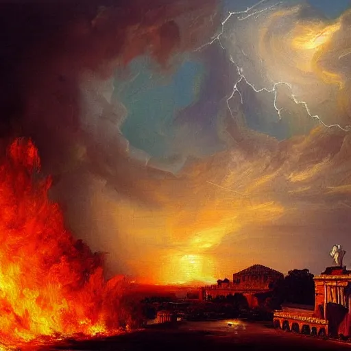 Prompt: ancient rome burning during heavy storm, thunder, sunset, beautiful, award winning, oil painting