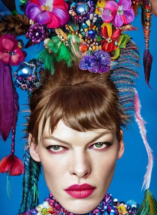 Prompt: beautiful portrait of Milla Jovovich wearing fantastic Hand-dyed cotton dress,embellished beaded feather decorative fringe knots ,colorful pigtail,subtropical flowers and plants, 18 years old, dramatic,symmetrical face,intricate,elegant,highly detailed,8k,post-processing,digital painting,trending on pinterest, GUCCI,PRADA,concept art, sharp focus, illustration, by artgerm,Tom Bagshaw,Lawrence Alma-Tadema,greg rutkowski,alphonse Mucha