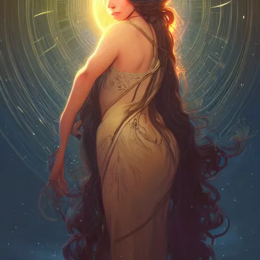 Image similar to girl with super long hair, hair becoming night stars, intricate, highly detailed, digital painting, artstation, concept art, smooth, sharp focus, illustration, unreal engine 5, 8 k, art by artgerm and greg rutkowski and alphonse mucha