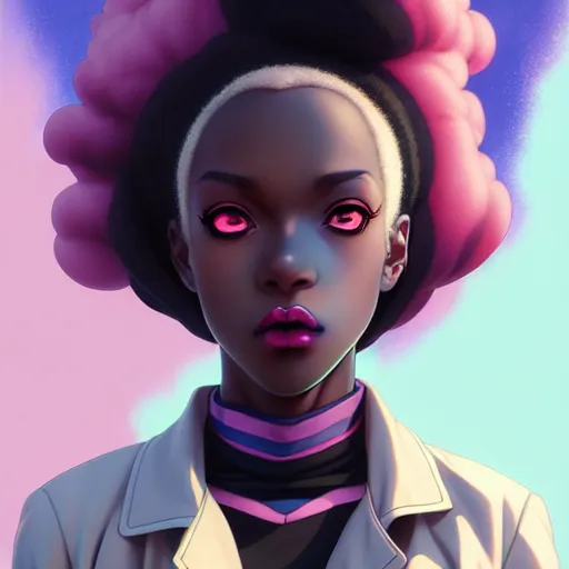 Image similar to portrait of a black anime manga girl, french bob hair, white hair, bomber jacket, by artgerm, james jean, tom bagshaw, gerald brom, vaporwave colors, lofi colors, vaporwave, lofi, goth vibe, 4 k, smooth, hd, substance designer render, full body character concept art, symmetrical, 2 point lighting,