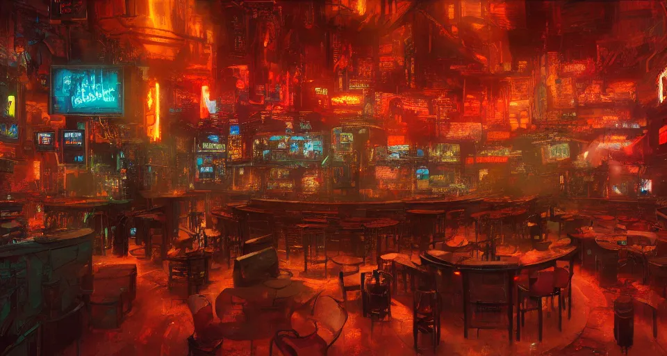 Image similar to cyberpunk bar interior, intricate, elegant, vivid colors, highly detailed, john park, craig mullins, sparth, ruan jia, jeffrey catherine jones