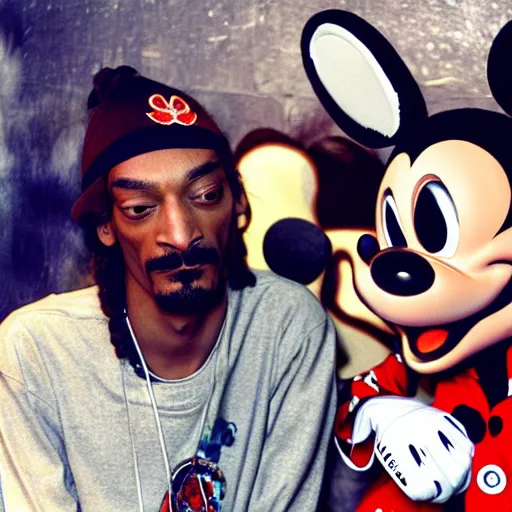 Prompt: snoop dogg smoking weed with mickey mouse