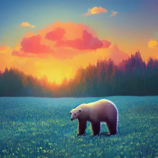 Image similar to a polar bear, surreal photography, flower field, sunset dramatic light, impressionist painting, colorful clouds, blue sky, digital painting, artstation, simon stalenhag