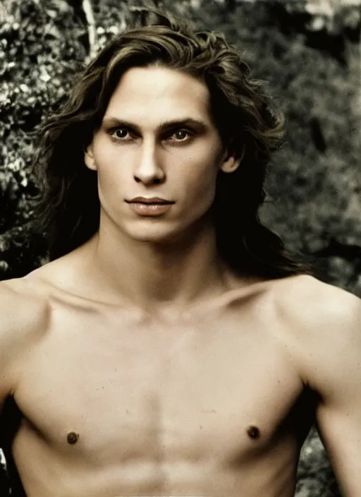 Image similar to a very skinny young Tarzan close-up portrait of young white male, with long straight slicked back brown hair shoulder length