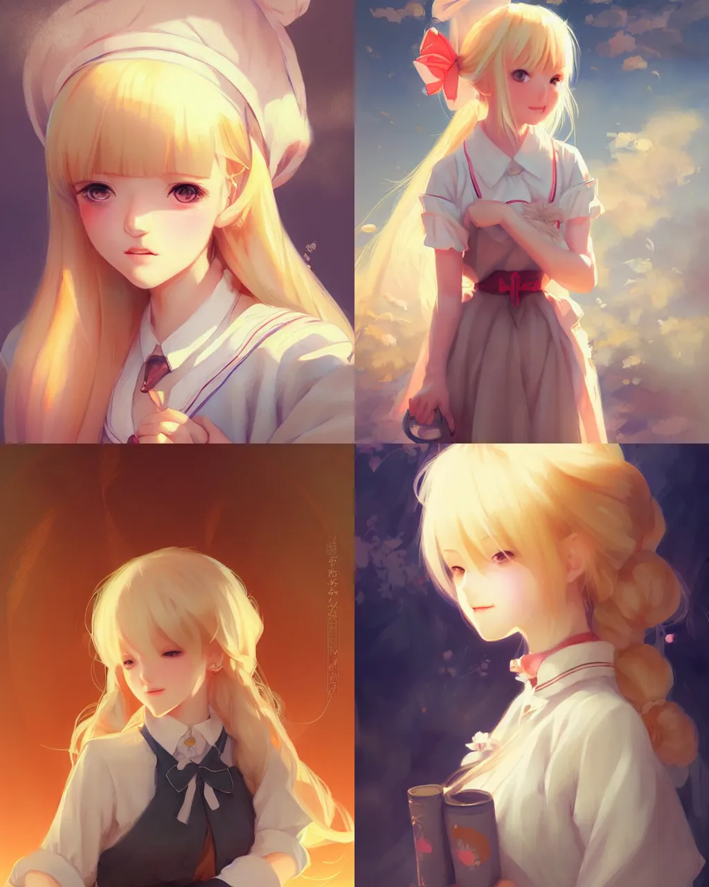Prompt: girl with blonde hair and maid outfit, a beautiful portrait, japanese animation style, illustration, rim light, top light, perfectly shaded, soft painting, art by krossdraws and wenjun lin