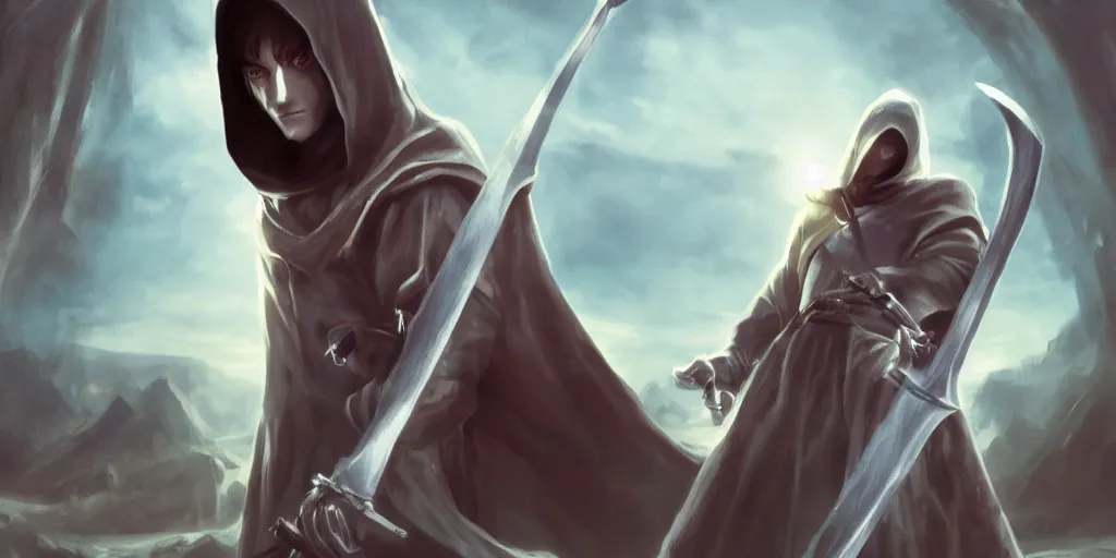 Prompt: a beautiful cinematic image of a hooded boy wielding a sword, cinematic, 4k, realistic, anime artwork, rtx, hyperrealistic, unreal