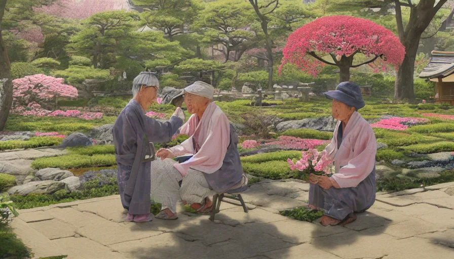 Prompt: old japanese man giving flowers to his wife, japanese flowery garden in the village, sunny day, drawing, hyperdetailed, artstation, cgsociety, 8 k