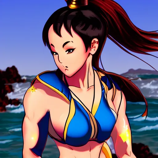 Prompt: chun li enjoying her holiday, wearing a bikini on the beach, backlit, sun in background, anime, digital art, doax, tomonobu itagaki