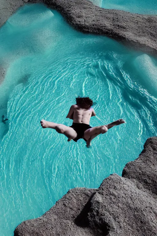 Image similar to high quality pastel coloured film mid angle docu photograph of a beautiful young 2 0 year old male, soft features, short black hair, falling, jumping in an icelandic black rock pool environment. atmospheric. three point light. photographic. art directed. ( pastel colours ). volumetric light. clearcoat. waves glitch. 8 k. filmic.