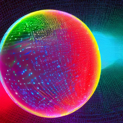 Prompt: a soap bubble with multicolored lights on it, a hologram by fred a. precht, polycount, holography, quantum wavetracing, ray tracing, holographic