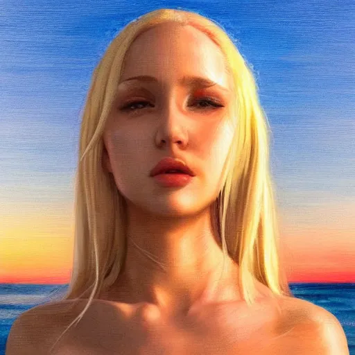 Prompt: woman with long blonde hair wearing white clothing standing by the beach at sunset, beautiful, 8k, highly detailed, realistic, artgerm, sakimichan, rutkowski, trending on artstation, perfect face, portrait, high contrast, golden light, dramatic lighting,