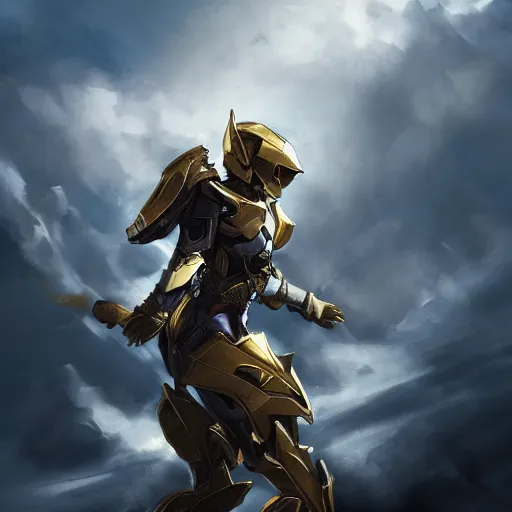 Image similar to full body picture of armored valkyrie descending from clouds, renaissance halo, gold lighting, cinematic, art, elegant, powerful, digital painting, sharp details