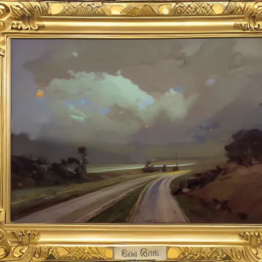 Prompt: painting by sargent leyendecker and gurney, rhads, vasnetsov, savrasov levitan polenov, middle ages, above the layered low clouds travel path road to sea bay view photo of praire overcast sharpen details darkest night black sky