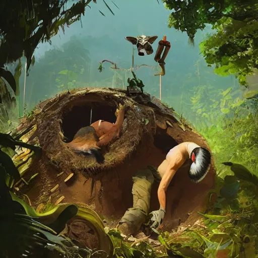 Prompt: Badger Archaeologists Digging a Hole Deep in the Amazon Jungle artwork by Sergey Kolesov, detailed, dynamic, cinematic composition