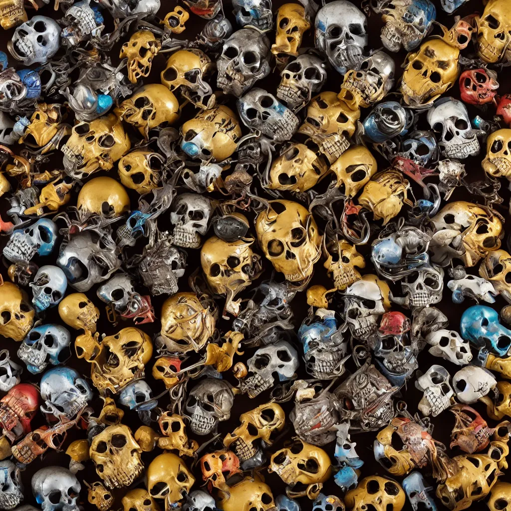 Prompt: a collection of rare large insects and metal skulls, inside different color wooden boxes. top down photo, close macro photo. cinema 4d render , studio photo, 8k