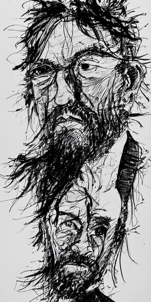 Image similar to a detailed loose wild messy ink sketch portrait of a Satoshi Nakamoto in the style of Ralph Steadman, caricature, dramatic