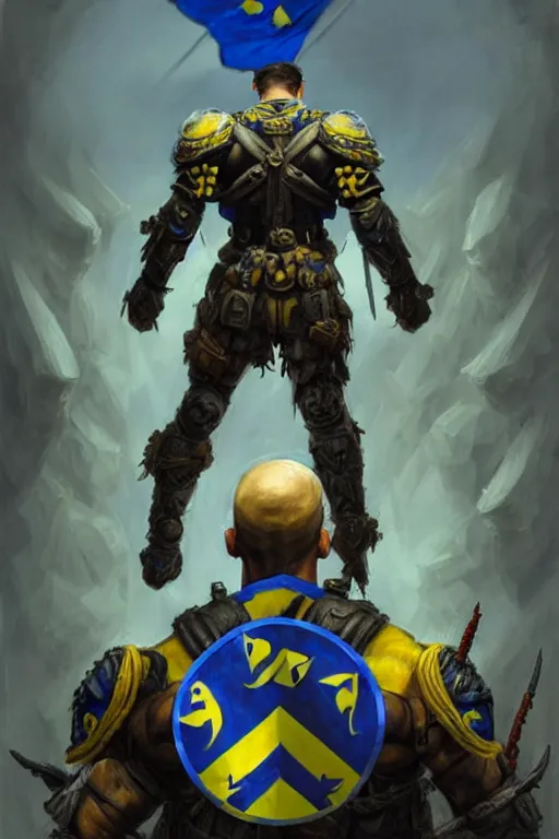 Image similar to a distant shot from behind of a Ukrainian super soldier with blue and yellow flag behind him standing alone on a huge pile of skulls as a winner, masculine muscular figure, D&D, fantasy, intricate, elegant, highly detailed, extremely detailed, digital painting, artstation, concept art, matte, sharp focus, symmetrical, illustration, art by Artgerm and Greg Rutkowski and Alphonse Mucha